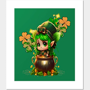 Cute Chibi Gnome St Patrick's Day Clover & Pot Of Gold Posters and Art